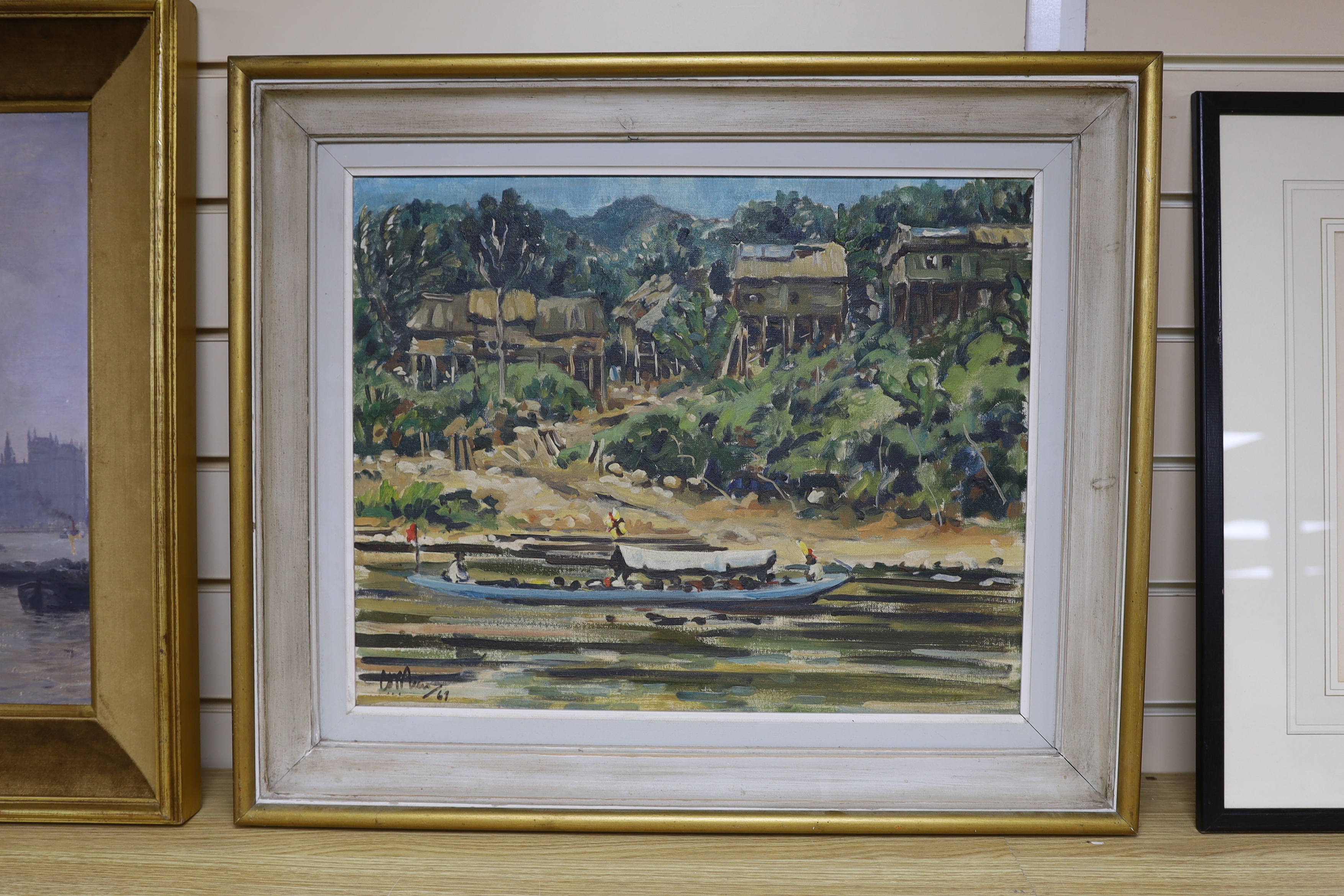 Christopher Meis? (20th century), oil on canvas, 'River Scene, Borneo', signed and dated '67, label verso, 39 x 49cm